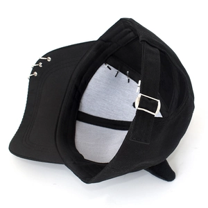 Black baseball cap with side silver metal rings and adjustable buckle back view
