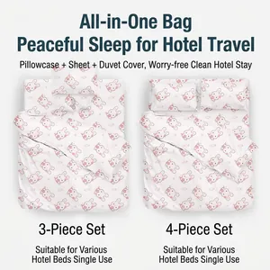 Thickened disposable bedding set with pink cartoon rabbit print for hotel travel use