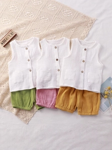 Kids Summer Cotton Muslin Sleeveless Top And Shorts Set Breathable Home Wear Two Piece Outfit For Boys Girls