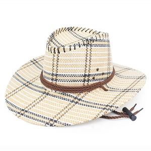 Cappello da cowboy western in paglia a scacchi con sottogola regolabile per il sole