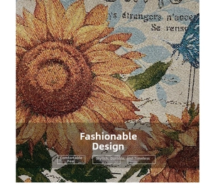 Macro view of woven fabric featuring sunflower and butterfly patterns in French retro style