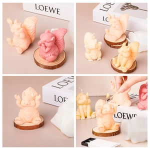 Detailed views of squirrel silicone mold and cute handmade animal scented candles