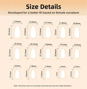 Detailed size chart showing 15 almond-shaped press-on nail dimensions in millimeters