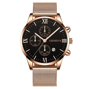 Rose gold men's watch with black Roman numeral dial and Milanese mesh band