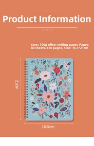 Detail view of A5 spiral notebook with 100g paper, floral cover, and 160 pages