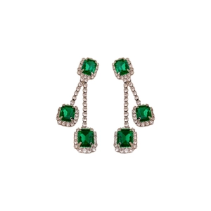 Elegant silver earrings featuring emerald green rectangular stones and cubic zirconia