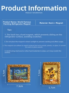 Detailed size specifications of 3D resin Van Gogh Starry Night and Sunflower magnets