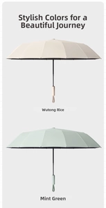 Minimalist long-handle umbrellas in Mint Green and Wutong Rice colors shown in detail
