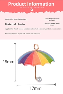 Detailed macro view of a 18mm resin rainbow umbrella charm with dimensions and pearl bead