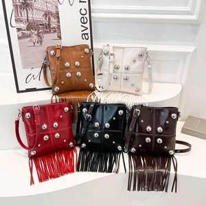 Vintage rivet crossbody bag with tassels shown in brown, white, red, black, and dark coffee