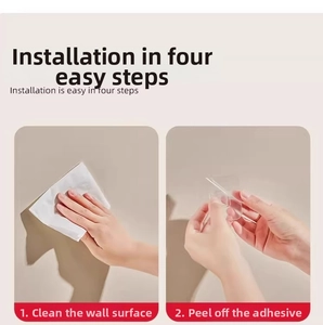 Installation guide for transparent strong adhesive hook showing cleaning and film removal steps