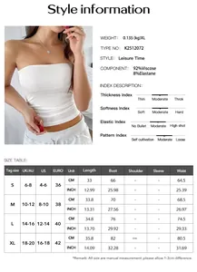 Size chart and fabric material details for Y2K backless knitted tube top for women