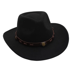 Close-up of black wool felt fedora with brown leather belt and gold metal buckle detail