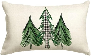 Linen Christmas pillow case featuring three hand-drawn trees with buffalo plaid pattern