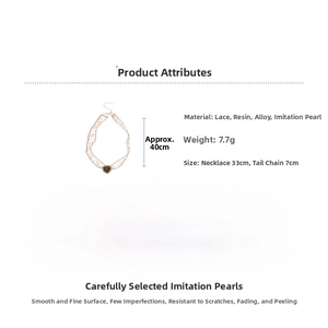 Detailed specs of lace heart necklace with resin and pearl materials weighing 7.7g