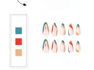 Detail of almond press-on nails with blue and red wave patterns and gold glitter accents