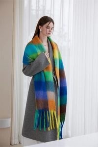Detail shot of a soft rainbow striped scarf with tassels worn over a grey coat