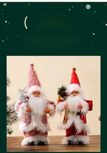 Close-up of 9-inch Santa Claus figurines featuring sequin hats and miniature festive props