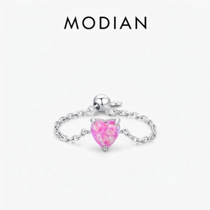 925 Sterling Silver Adjustable Chain Ring With Pink Heart Opal Minimalist Romantic Jewelry Gift For Women