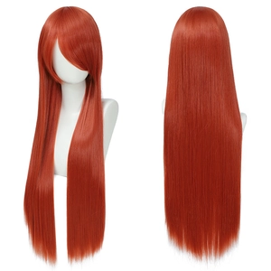 Detailed views of 80cm long straight red cosplay wig with side bangs on white mannequin