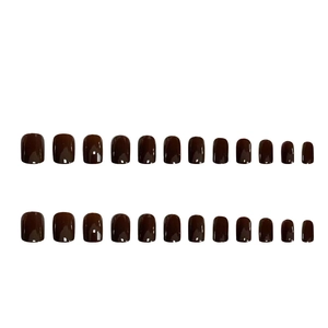Glossy dark brown press-on nails set with 24 pieces in short square round shape