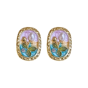 Vintage-Ohrringe in Ellipsenform mit Emaille-Blumen, Perlen und Kristallen in Gold