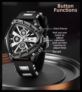 Detail of triangular quartz watch showing chronograph buttons and silicone strap with studs