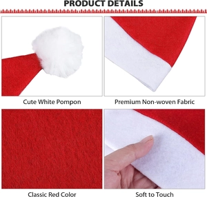 Detail view of red non-woven Christmas hat with soft white pompon and premium fabric texture