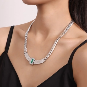 Silver chunky chain necklace featuring a rectangular green gemstone pendant for women