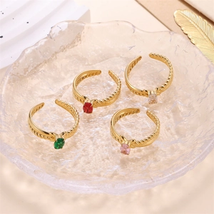 Adjustable gold stainless steel rings with colorful oval zircon stones in twisted design