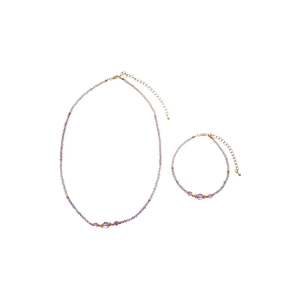 Zircon and amethyst beaded necklace and bracelet set with adjustable gold-tone clasp