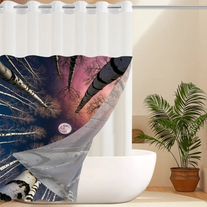 Detail of artistic birch forest shower curtain with moonlight and starry sky pattern