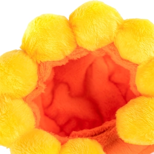 Macro view of plush sunflower pet hat with yellow petals and soft orange inner lining