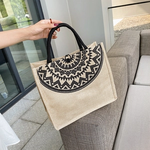 Bohemian Jute Burlap Tote Bag Ethnic Geometric Pattern Letter Print Large Capacity Handheld Shopping Handbag Women