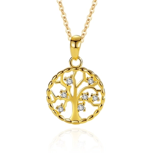 Golden S925 sterling silver tree of life necklace with seven white zircon stones