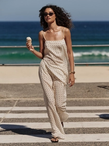 Polka Dot Camisole And Wide Leg Pants Polyester Sleeveless Drawstring High Waist Summer Casual Vacation Women