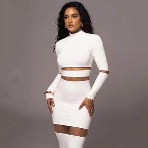 Robe Mi-Longue Moulante Sexy Pour Femmes Patchwork En Maille Manches Longues Rayures Transparentes Polyester