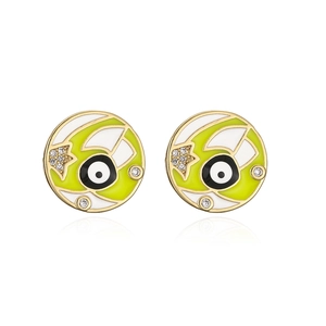 Detailed macro view of gold-plated evil eye stud earrings with enamel and zircon stones