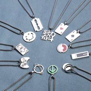 Versatile titanium steel necklaces featuring creative pendants like razor blade and dice