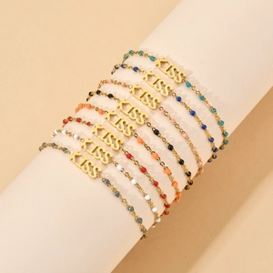 Fashion Stainless Steel KISS Letter Charm Bracelet With Colorful Enamel Beads For Women Gold Personalized Hand Jewelry