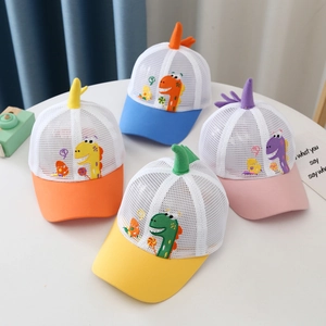 Kids breathable mesh dinosaur baseball caps in blue, orange, pink and yellow colors