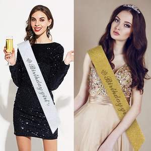 Sparkling gold and silver Birthday Girl sashes with rhinestones and crown patterns