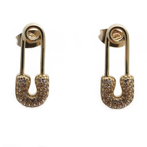 Golden paperclip earrings with sparkling cubic zirconia pavé on a white background
