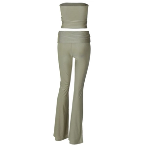 Detail view of olive green tube top and high waist flared trousers set for women