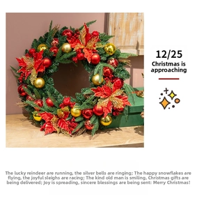 Detail of a 50cm Christmas wreath featuring red poinsettias and gold ornaments on pine