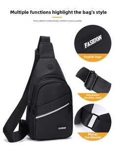 Detail view of adjustable strap buckle and durable metal D-ring on black chest bag