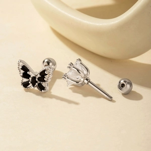 Silver butterfly cartilage earrings with black gemstones and clear crystal studs