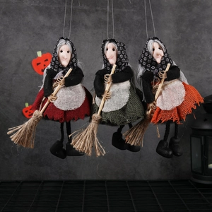 Halloween Witch Hanging Decoration Cloth Linen Broom Doll For Spooky Party Bar Home Wall Haunted House Ornament
