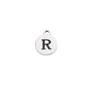 Polished stainless steel round pendant with engraved letter R and top hanging hole
