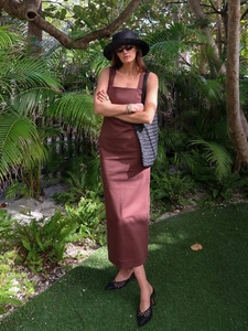 Brown square neck sleeveless maxi dress in cotton linen blend with a slim fit cut